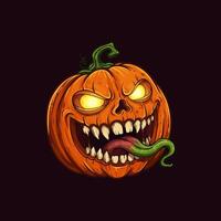 A digitally illustrated menacing jack o lantern with sharp teeth a long green tongue and glowing eyes against a dark background. vector