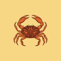A stylized illustration of a crab with an intricately patterned shell on a pale yellow background. vector