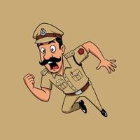 A cartoon illustration of a surprised policeman in uniform running urgently, likely chasing a criminal. vector