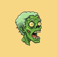 A cartoon illustration depicts a green zombie head with a wide open mouth, showing decaying teeth and a gruesome expression. vector