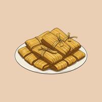 A stylized illustration shows several tamales neatly arranged on a white plate ready for consumption. vector