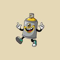 A cheerful cartoon spray paint can character with one eye walks with a joyful expression and points with its hands. vector