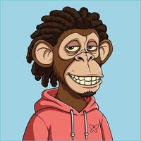 A cartoon illustration of a chimpanzee with dreadlocks wearing a pink hoodie and smiling. vector