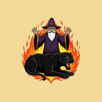 A powerful wizard summons a black panther from fiery flames in a mystical display of magic. vector