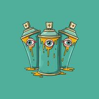 A stylized illustration depicts three spray paint cans with eyes as their central feature, surrounded by dripping yellow paint. vector