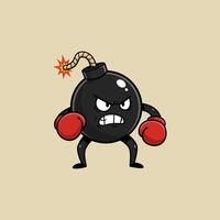 An illustration of a cartoon bomb character with an angry expression wearing red boxing gloves. vector