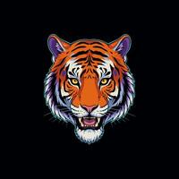 A stylized illustration depicts a tiger's head with a fierce expression, showcasing vibrant colors and intricate details. vector