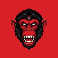 A stylized illustration of an angry red chimpanzee head with a third eye, conveying power and aggression. vector