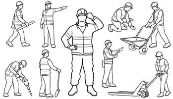 Set Of Construction Workers Monochrome Line Drawing Set Isolated On A White Background. vector