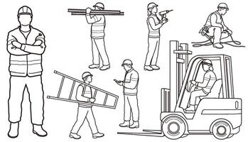 Construction Workers Monochrome Line Drawing Set Isolated On A White Background. vector