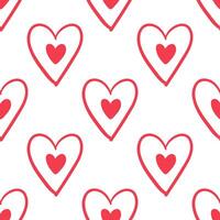 Seamless pattern with red outlined hearts and filled center in doodle style vector