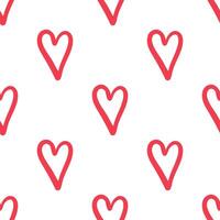 Seamless pattern with red hand-drawn hearts on white background in doodle style vector