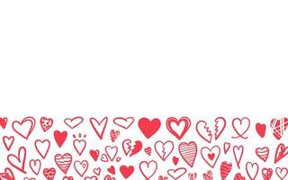 Bottom border with red doodle hearts on white background in sketch style vector