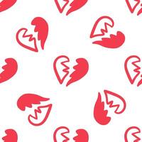 Seamless pattern with broken red hearts on white background in doodle style vector