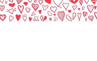 Top border with red doodle hearts on white background in sketch style vector