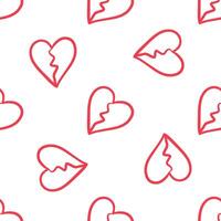 Seamless pattern with outlined broken red hearts on white background in doodle style vector