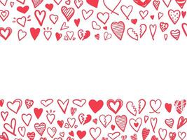 Border with various red hearts on white background in doodle style vector