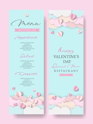 Happy Valentine's Day Menu. Cute Template with 3D Papercut Hearts and Clouds. Trendy Design Suitable for Invitation, Mother's and Women's Day, Birthday, March 8. Trendy Concept for Restaurant Menu.