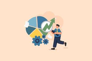 Business and Finance graph, chart, data analytics illustration. A Character with a Magnifying Glass. vector