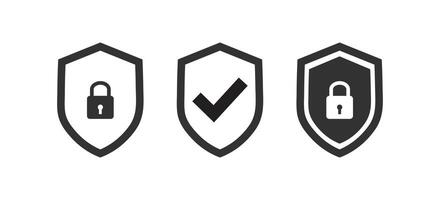 Three shield icons showcasing security options locked, checked, and locked. Shield check mark logo icon. vector