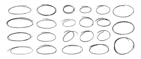 Set of black oval and circles with crayon, chalk or pastel texture. Freehand brush stroke highlight round, circular highlight frame element. illustration. vector