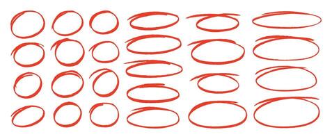 Hand drawn ovals and circles set. Freehand brush stroke highlight round, circular highlight frame element. Red illustration. vector