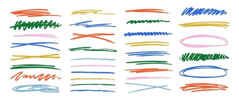 Marker lines for underline and highlight. Black brush freehand stroke, cross and oval collection. Color illustration on a white background. vector