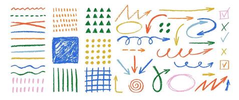 Colored crayon arrows, check, oval, pattern and grid collection. Freehand illustration with chalk or pastel texture on a white background. vector