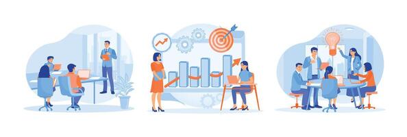 Illustration of team collaboration and business activities in office environment. vector