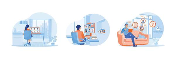Three scenes depicting remote work with technology in modern workspace settings. vector