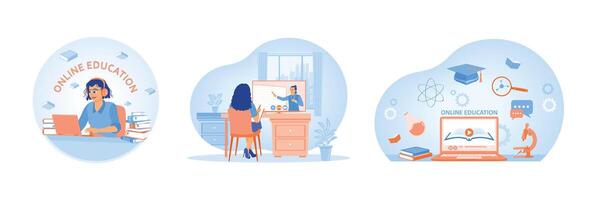 Illustrations depicting online education methods with students and digital tools. vector