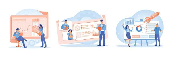 Team collaborating on business analytics and innovative strategies in modern illustrations. vector