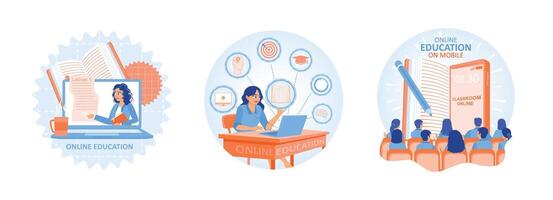 illustrations depicting online education concepts and digital learning methods. vector