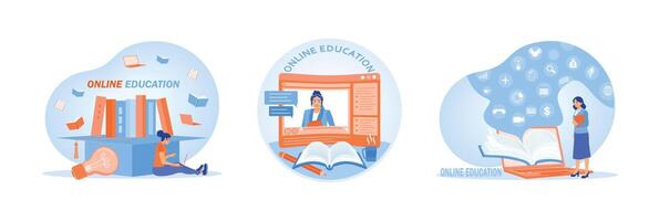 Set of illustrations depicting online learning and educational concepts. vector