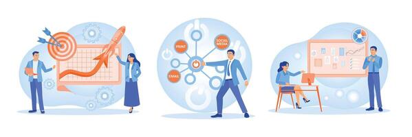 Illustrations depicting business concepts, target achievement, marketing, and strategy visualization. vector