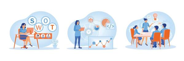 Business analysis and teamwork represented through abstract blue-toned illustrations. vector
