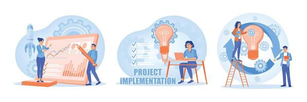 Team collaborating on project implementation process with charts and ideas development. vector