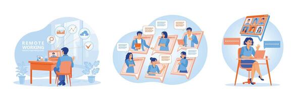 Three illustrations depicting modern remote work concepts with digital collaboration tools. vector
