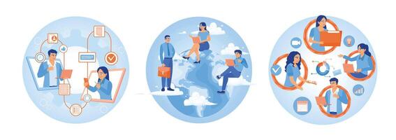 Illustrated concepts of remote work and digital collaboration around the globe. vector