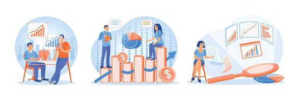 Business professionals analyzing metrics and graphs for corporate strategy. vector