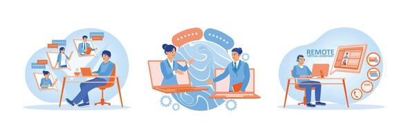 Illustration of remote work, collaboration tools, and virtual assistants concepts. vector