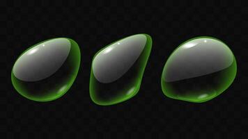 Transparent liquid forms water drops isolated set. Shape refracts light. Realistic volumetric drops Green color. Banner and flyer design. illustration. vector