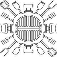 line art of grill with tools and skewers vector