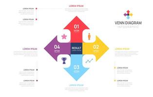 Infographic arrow Venn diagram chart template for business start up presentation with venn diagram elements illustration. vector