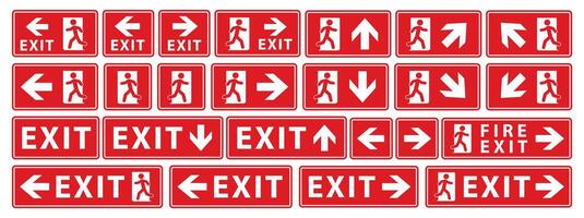 Emergency exit sign icon symbol set. Fire safety exit sign logo collection. red anf white Running man and exit door sign. illustration image. Isolated on white background. vector