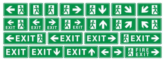Emergency exit sign green and white icon symbol set. Fire safety exit sign logo collection. Running man and exit door sign. illustration image. Isolated on white background. vector