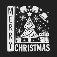 Illustration of a Christmas tree with a vintage style decoration, featuring hats and stars, with the greeting Merry Christmas in a classic typeface vector