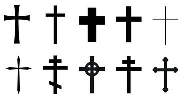 Christian cross, black and white silhouette illustration of religious cross shape, isolated on white background, icon set vector