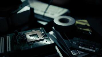 Vintage computer motherboard and cassette tapes in a dim workspace. video