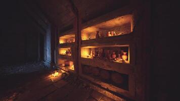 Ancient pottery displayed in a dimly lit historical vault video